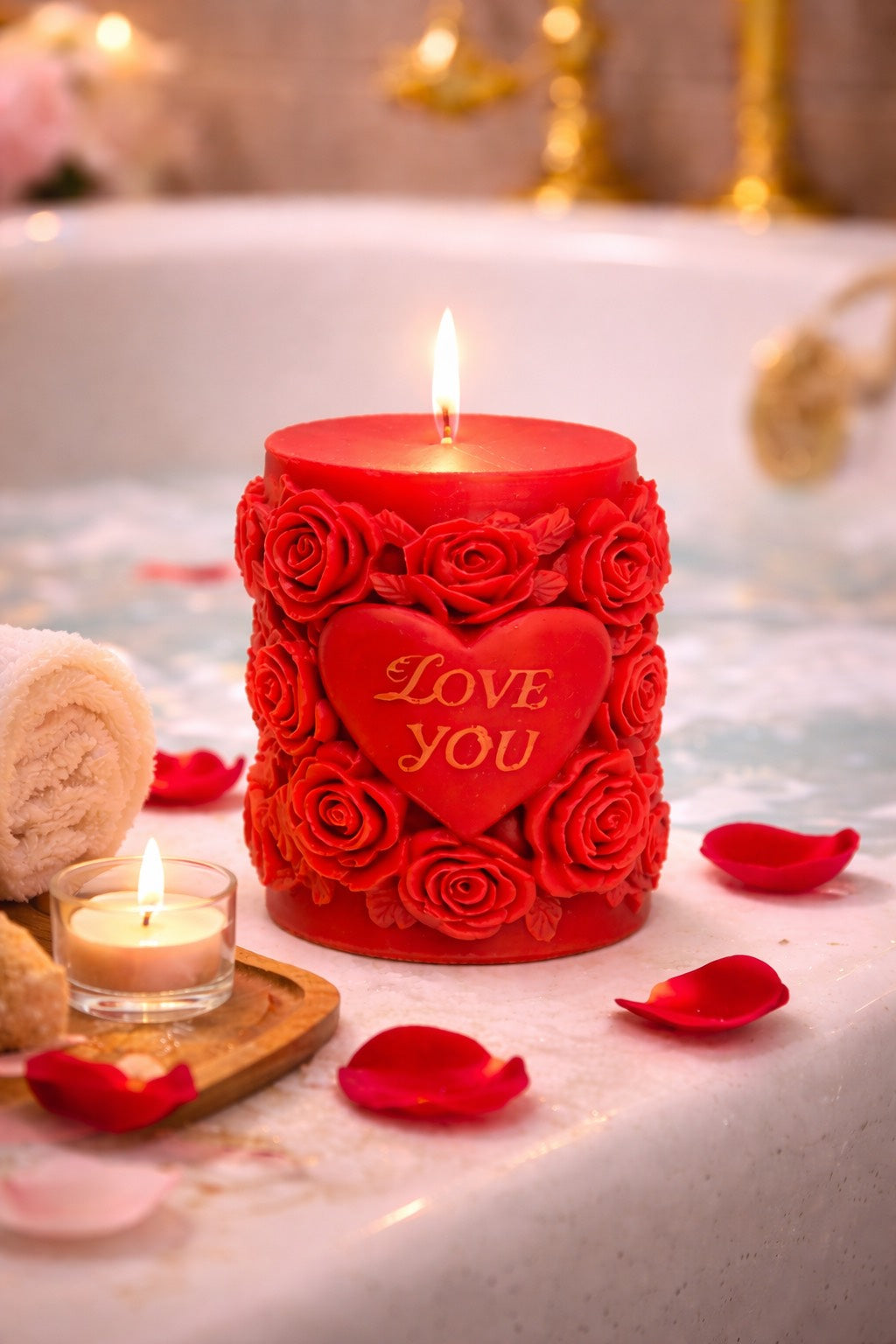 Lumânare cu parfum de trandafir handmade din ceară de soia cu inimă "Love you" diamentru 8 x 6 cm