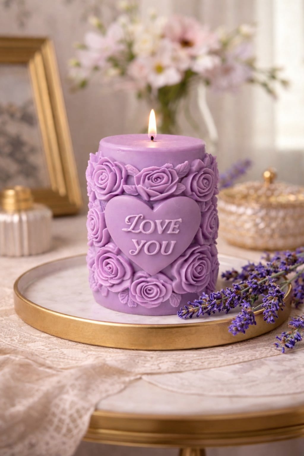 Lumânare cu parfum de lavandă handmade din ceară de soia cu inimă "Love you" diamentru 8 x 6 cm